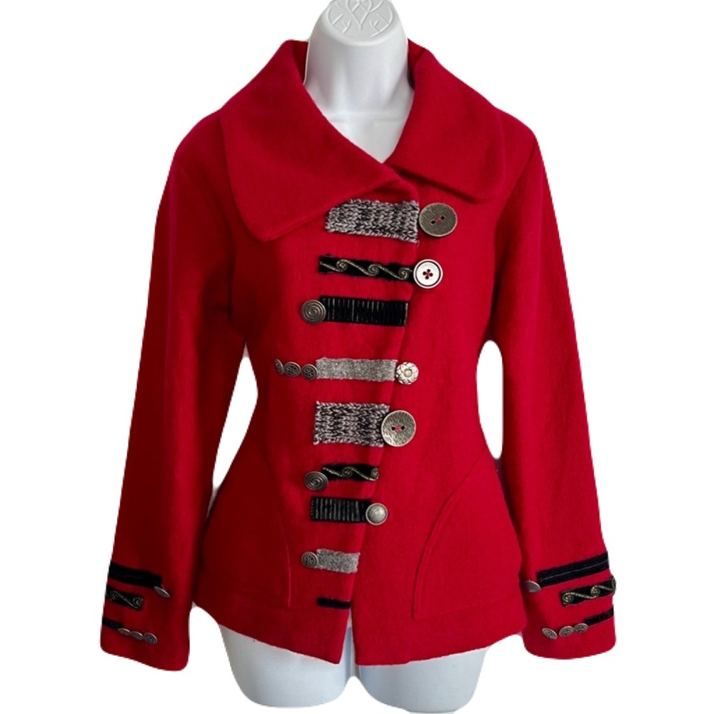 North Style Red Boiled Wool Asymmetrical Funky Button Accented Jacket, Size S